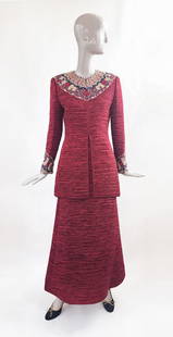 Mary McFadden Couture Embroidered Burgundy Evening Ensemble, ca. 1980s: Mary McFadden Couture Embroidered Burgundy Fortuny Pleated Satin Evening Ensemble, ca. 1980s-90s. Silk lined. Retailed by Saks Fifth Avenue. Size 6.