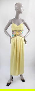 Maison Posh Embroidered Yellow Satin Evening Dress, 1980s: Maison Posh Locust Valley, NY embroidered Yellow Satin Evening Dress with Fortuny plated bodice, 1980s. Possibly Mary McFadden.
