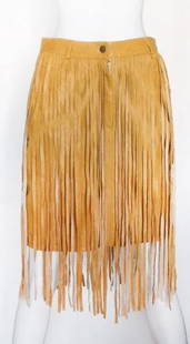 Perry Ellis by Marc Jacobs Leather Skirt, ca. 1992: Perry Ellis by Marc Jacobs Leather Fringed Skirt, ca. 1992. Size 10US.