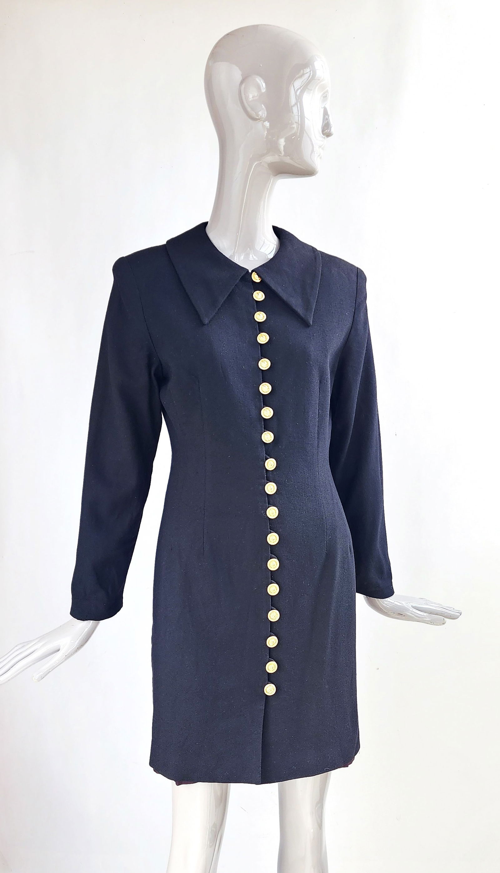 Cache Black Wool Crepe Dress, 1990s: Cache Black Wool Crepe Dress with gold tone Versace style Medusa head buttons, 1990s.