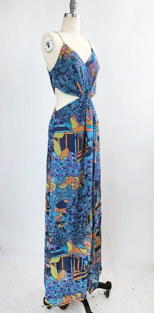Zimmermann Peacock & Floral Print Silk Chiffon Dress, 2010s: Zimmermann Peacock & Floral Print Silk Chiffon Cut Out Waist Maxi Dress, 2010s. Size AU 0.