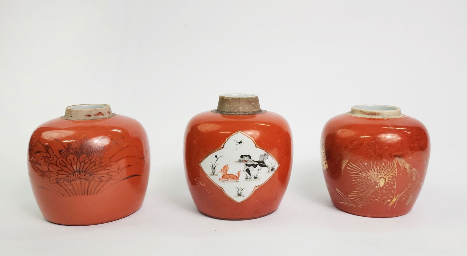 Lot of 3 Antique Chinese Coral Ground Porcelain Jars (1 of 8)