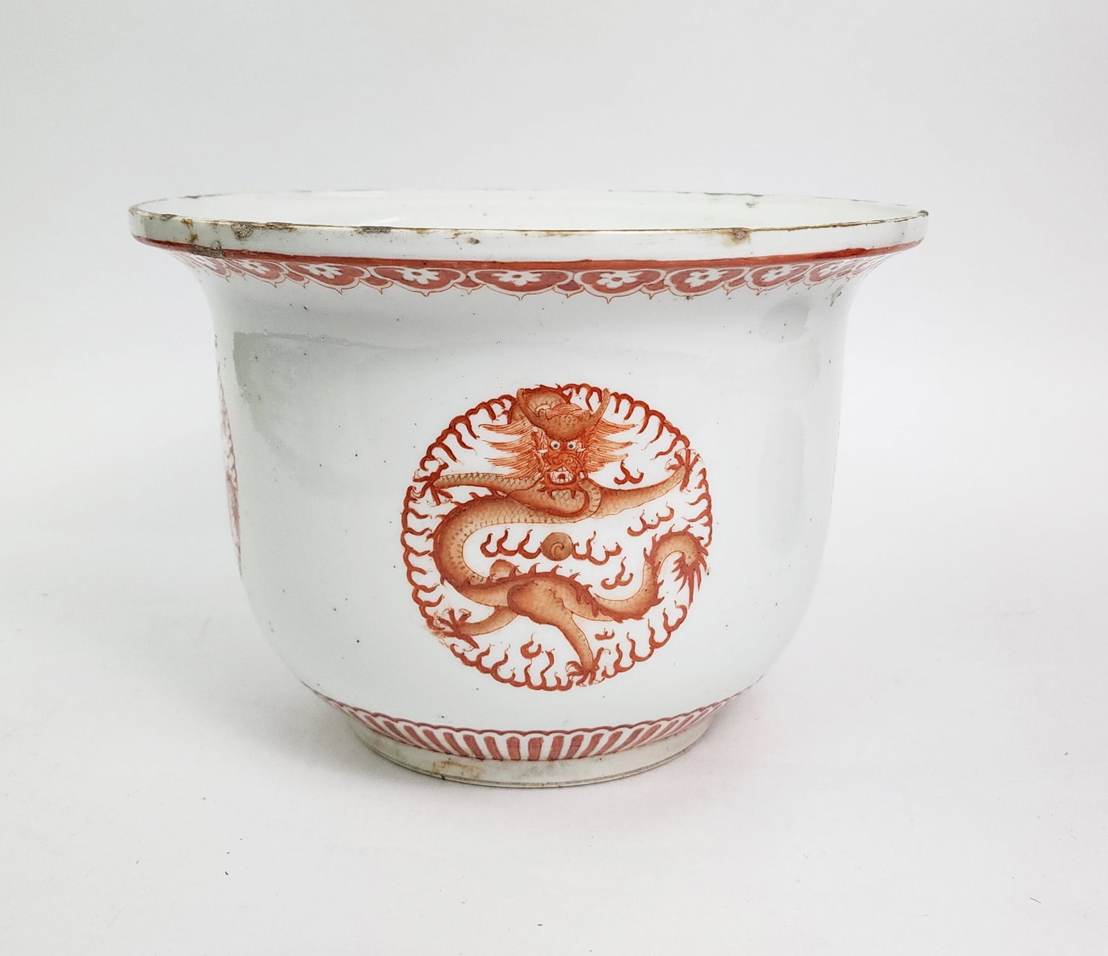 Antique Chinese Guangxu Marked Porcelain Planter w Dragons: Antique Chinese Guangxu Marked Porcelain Planter with Dragons, d. 9 inches, 6.25 in., ca. late 19th- early 20th century.