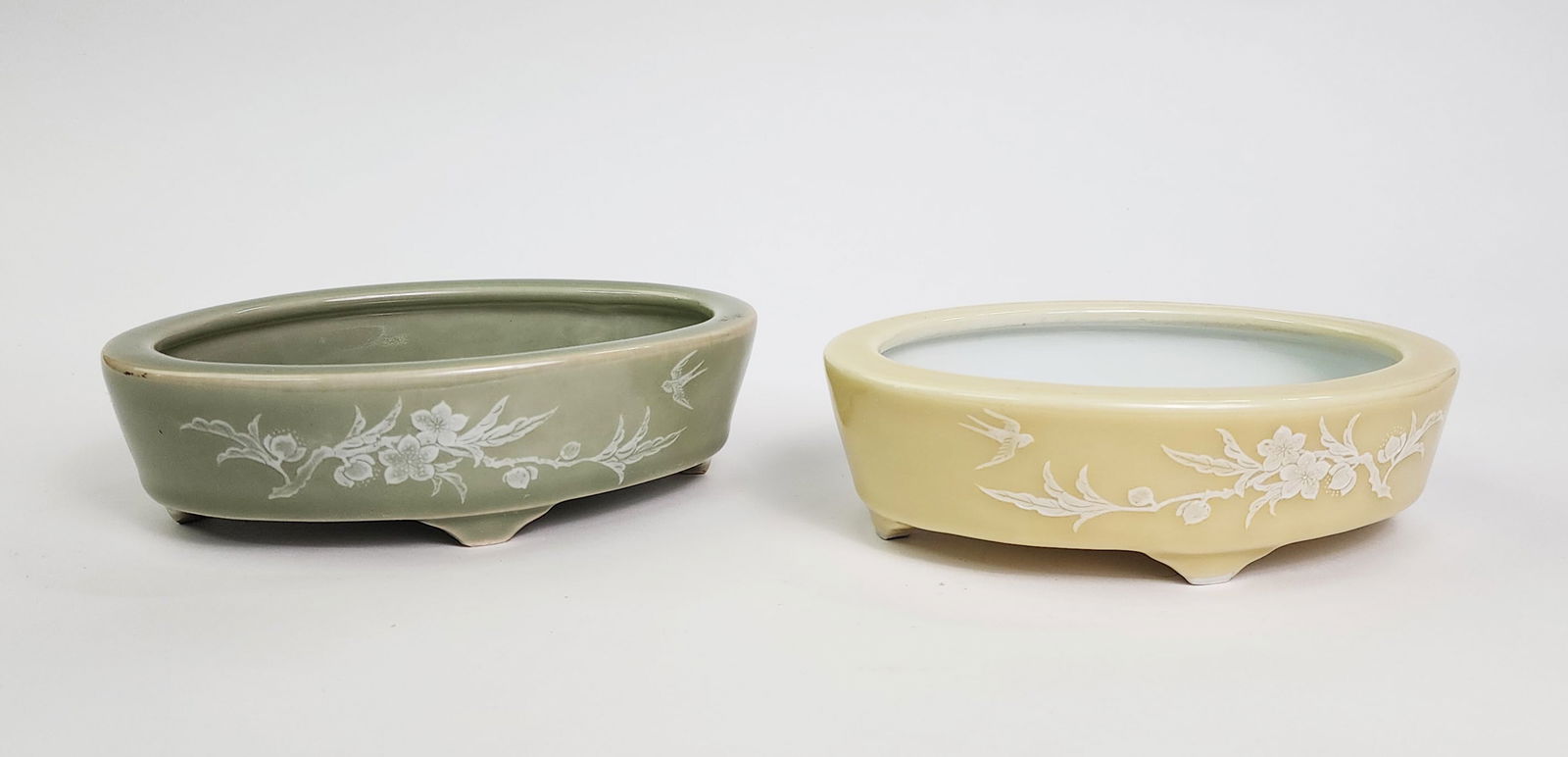 Pair of Chinese Jingdezhen Celadon & Yellow Glazed Oval Bonsai Planters (1 of 4)