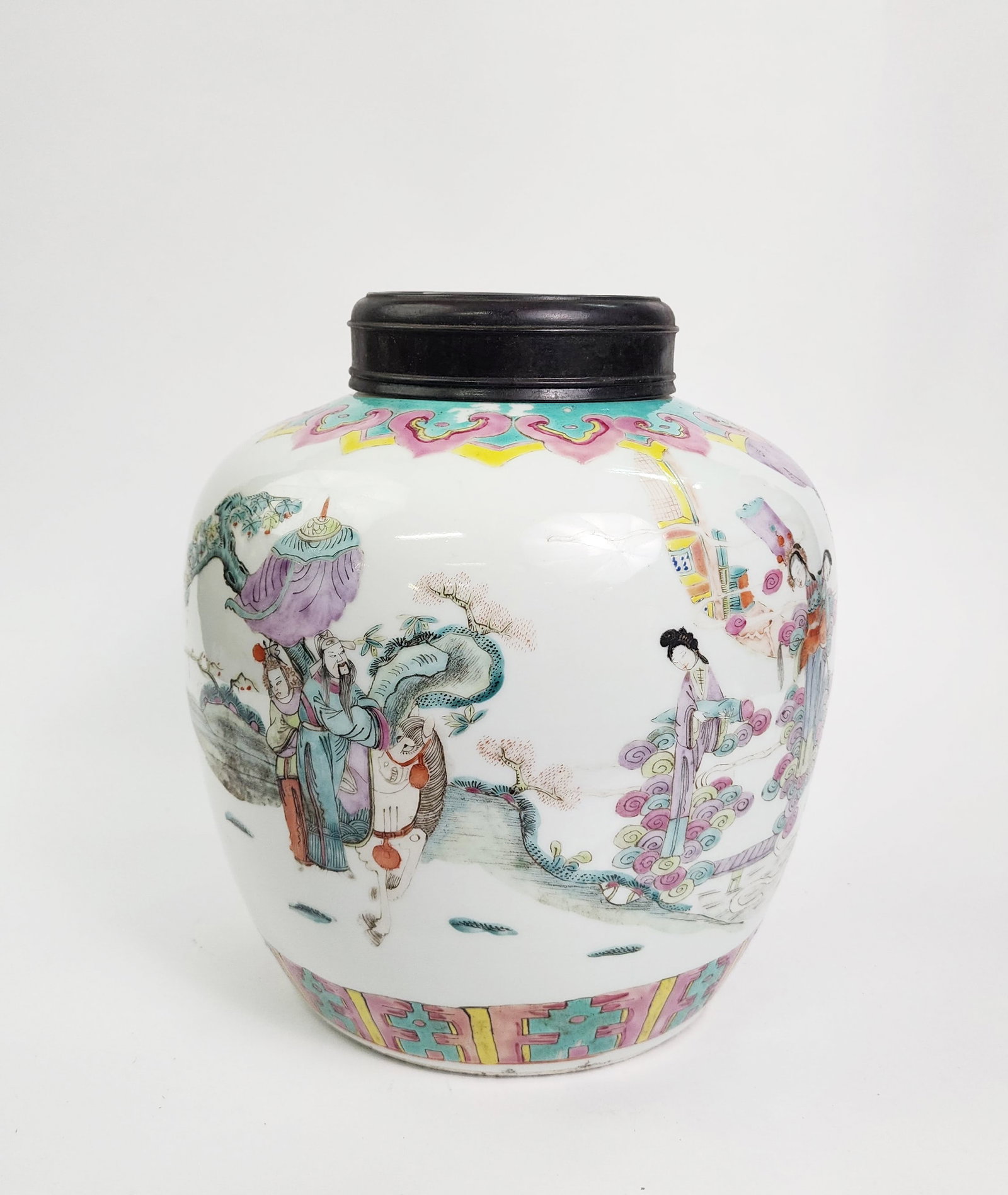 Antique Chinese Famille Rose Porcelain Jar: Antique Chinese Famille Rose Porcelain Jar with wooden lid, h. 10 inches, ca. late 19th- early 20th century.