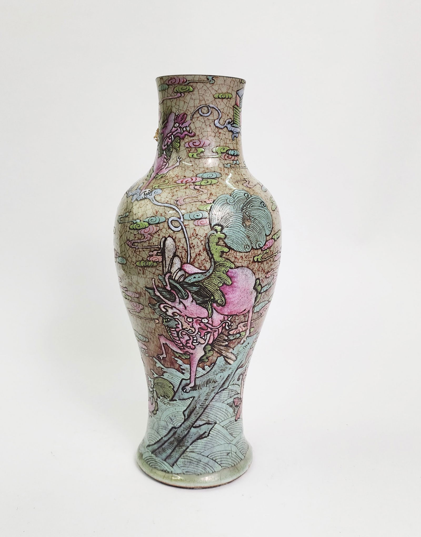 Antique Chinese Crackle Celadon Glazed & Enameled Vase: Antique Chinese Crackle Celadon Glazed & Enameled Vase with Mythical Creatures, h. 12.5 inches, ca. late 19th- early 20th century.