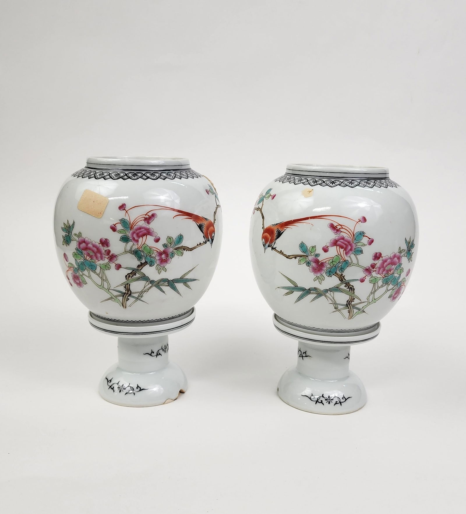 Pair of Chinese Export Famille Rose Porcelain Wedding Lanterns: Pair of Chinese Export Famille Rose Porcelain Wedding Lanterns, ca. 1960s- early 1970s. H. 6.75 inches.