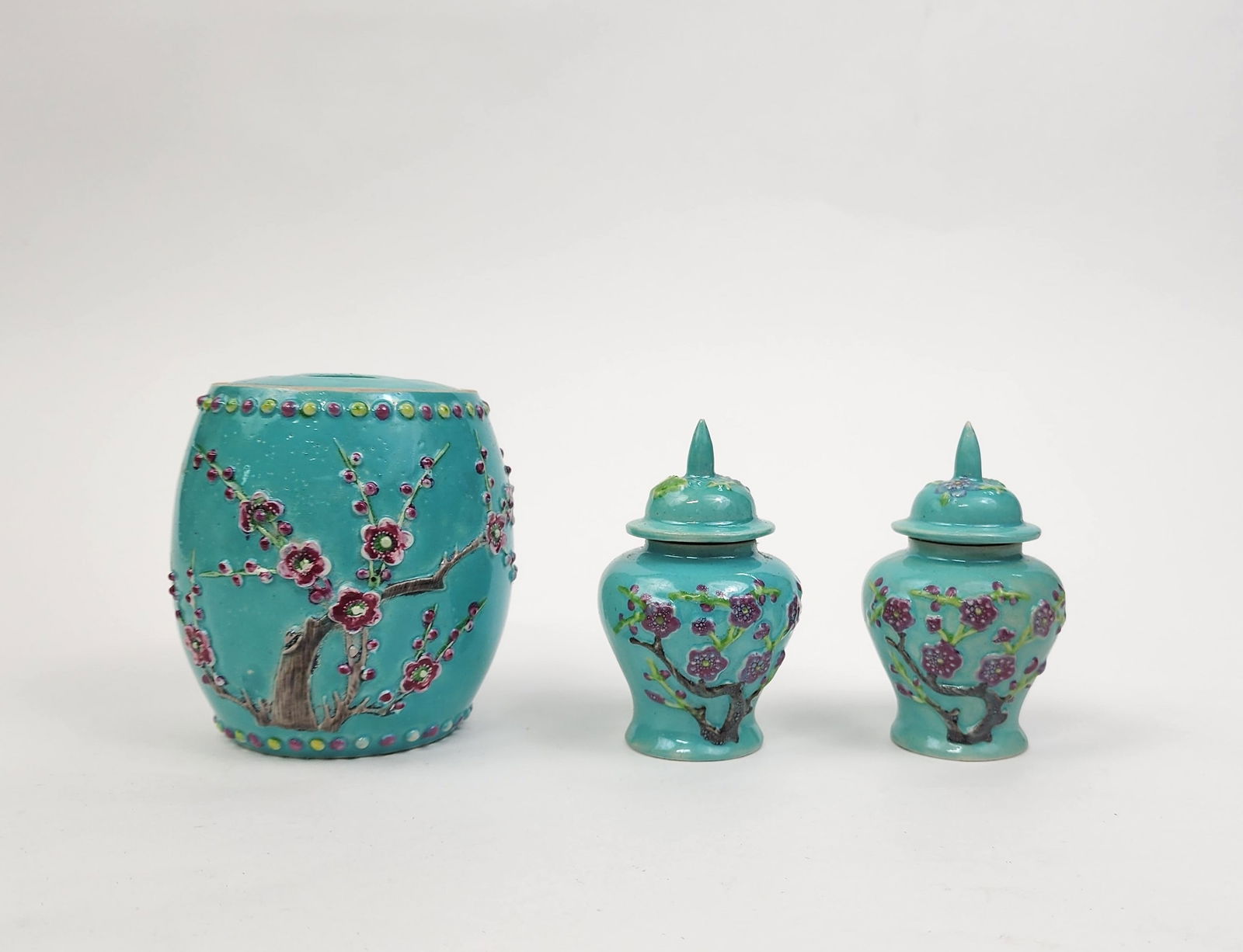 Lot of 3 Chinese Turquoise Ground Polychrome Glazed Small Jars (1 of 4)