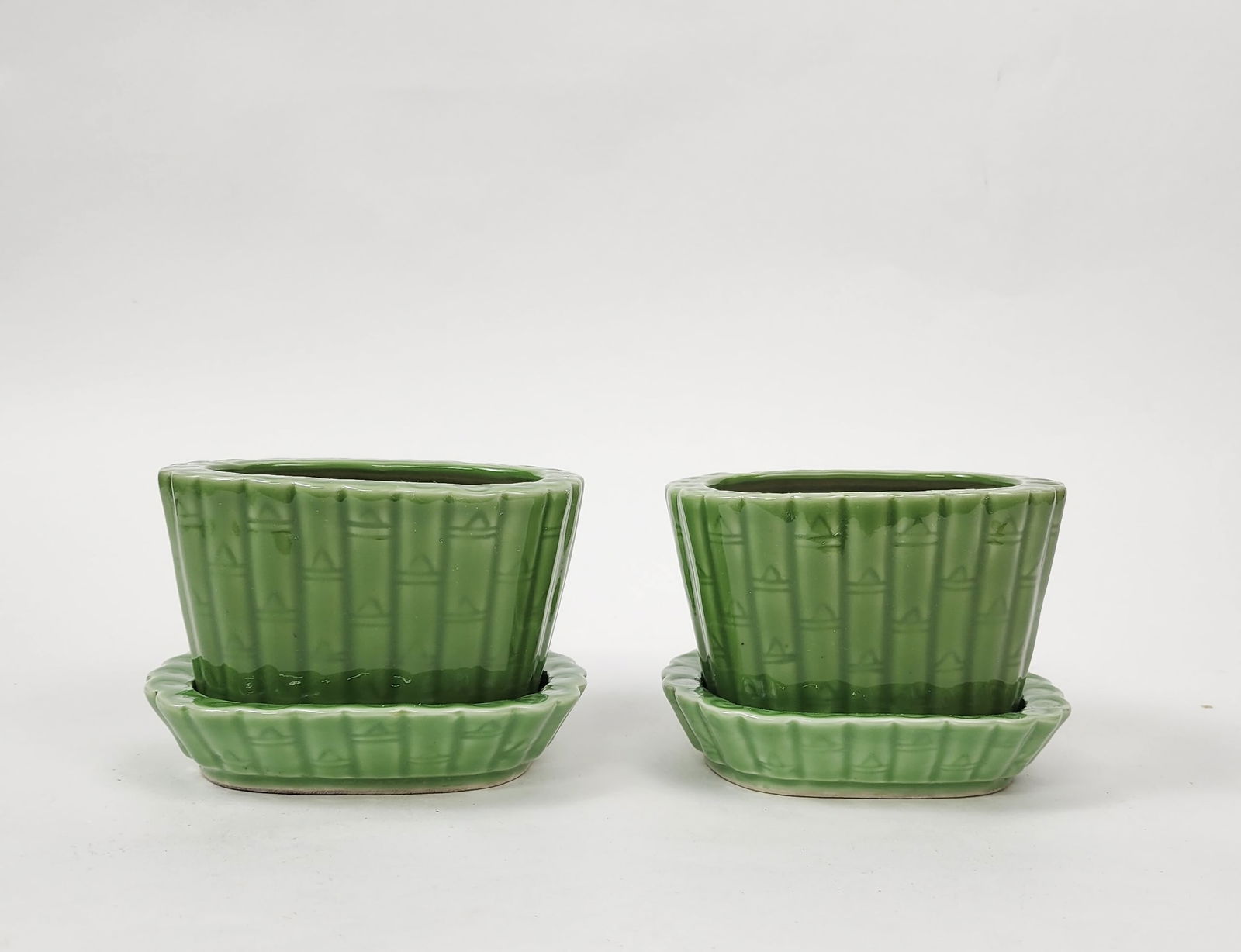 Pair of Chinese Export Green Glazed Small Planter & Saucers (1 of 4)