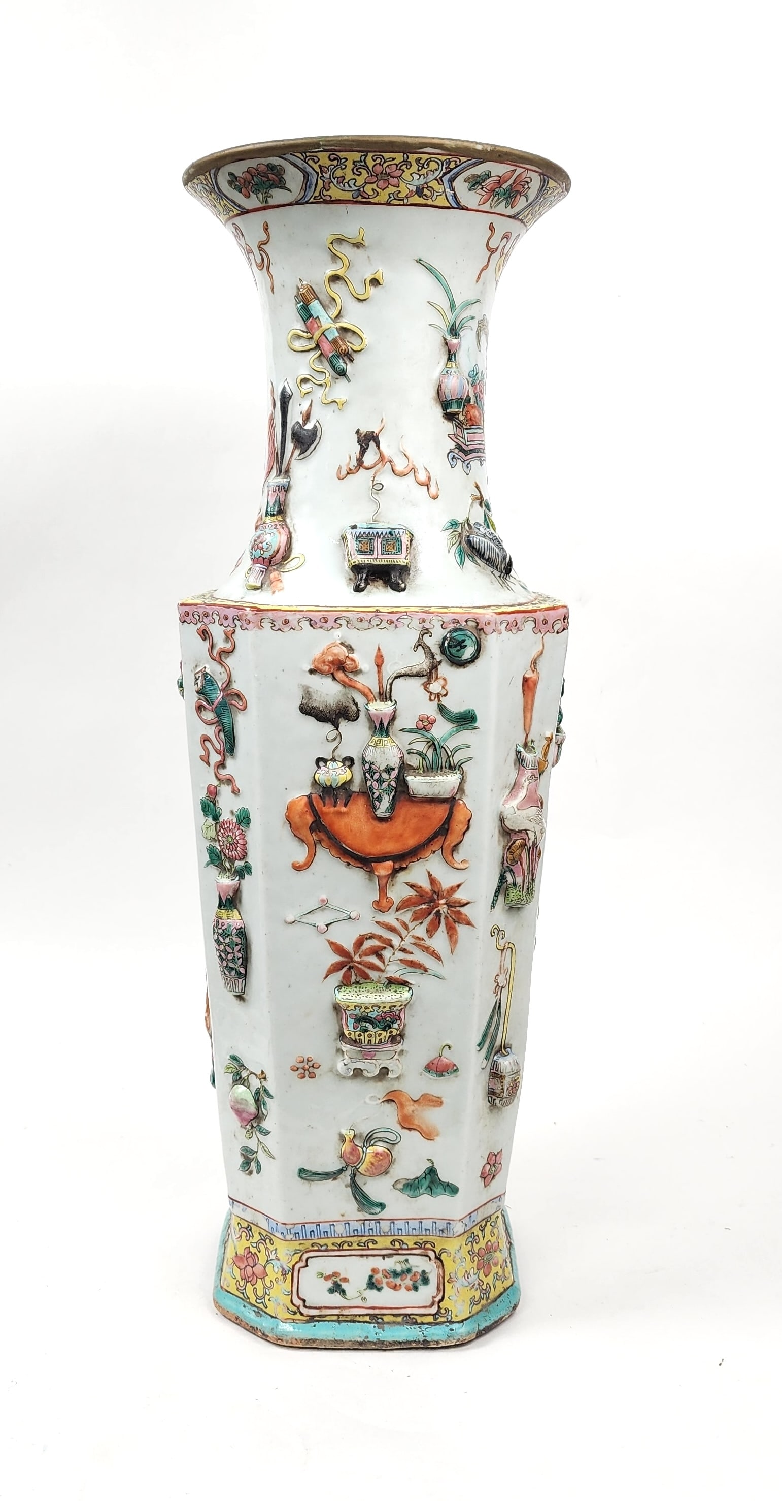 Antique Chinese Famille Rose Large Vase with Relief Scholarly Objects (1 of 11)