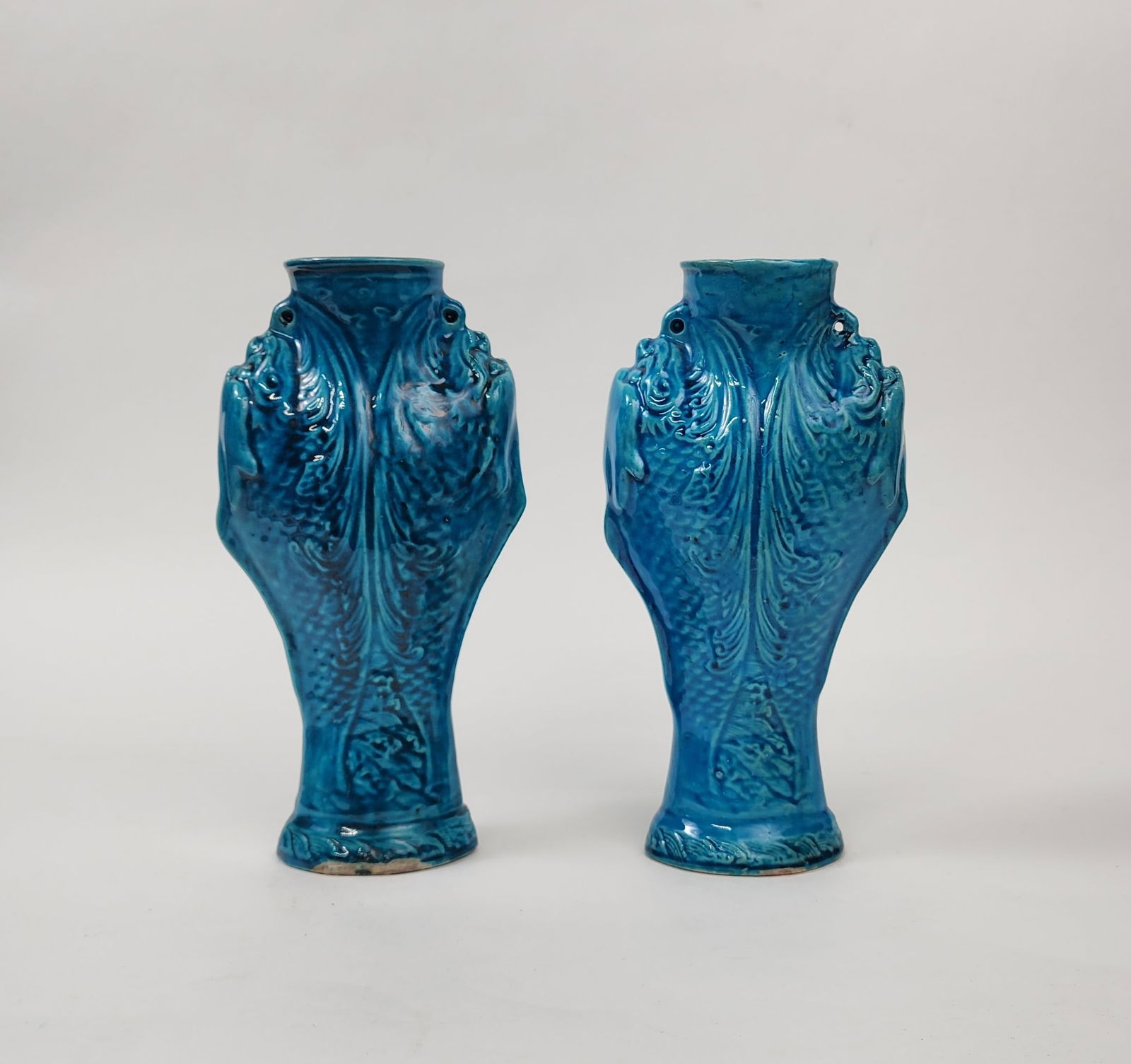 Pair of Chinese Export Turquoise Blue Glazed Moulded   Porcelain Vase (1 of 6)
