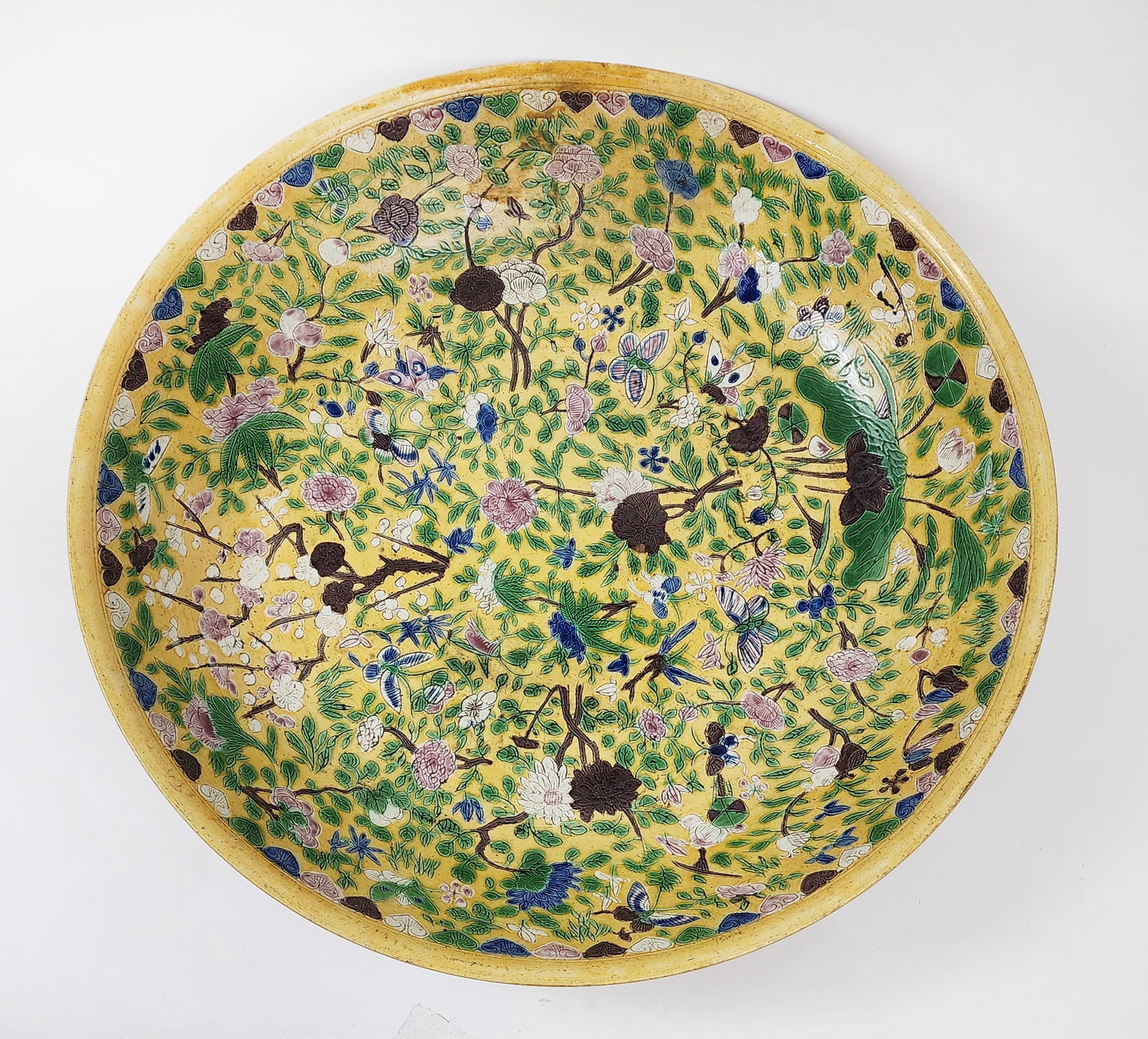 Antique Chinese Yellow Ground & Polychrome Glazed Large Porcelain Platter (1 of 15)