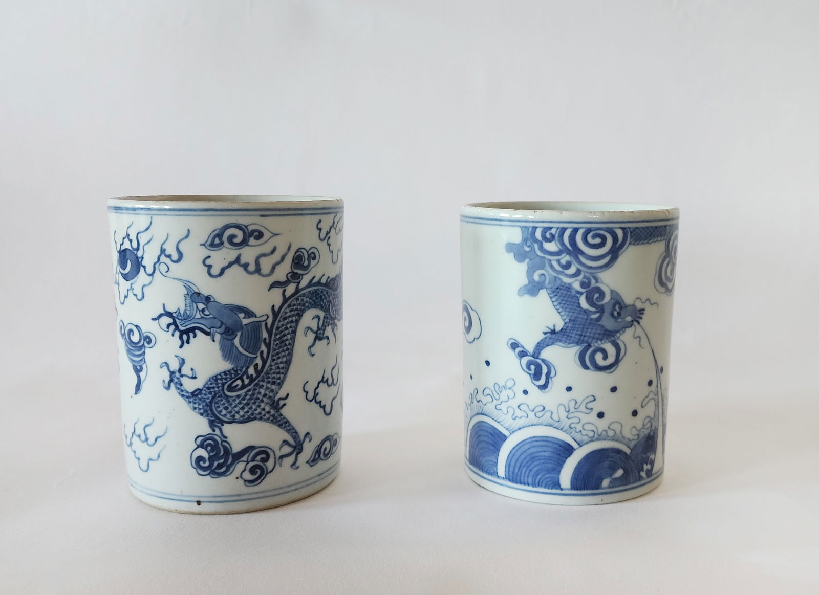Lot of 2 Chinese Blue & White Porcelain Brush Holders (1 of 5)
