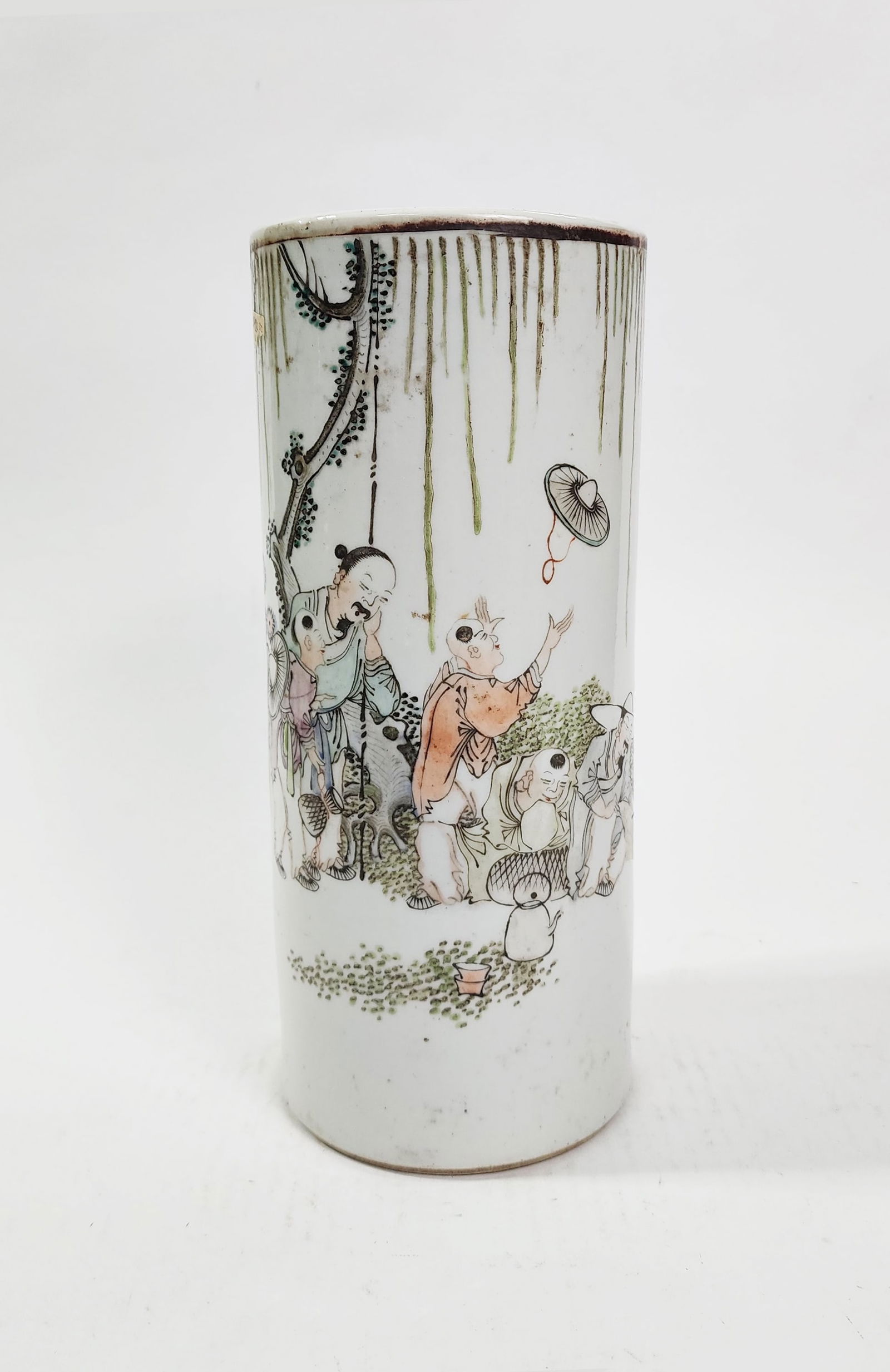 Antique Chinese Famille Rose Porcelain Cylindrical Cap Stand: Antique Chinese Famille Rose Porcelain Cylindrical Cap Stand with calligraphy, h. 11.25 inches, circa late 19th- early 20th century.