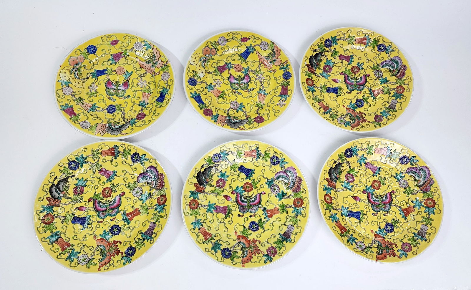 Set of 6 Chinese Export Yellow Ground Enameled Porcelain Plates (1 of 8)