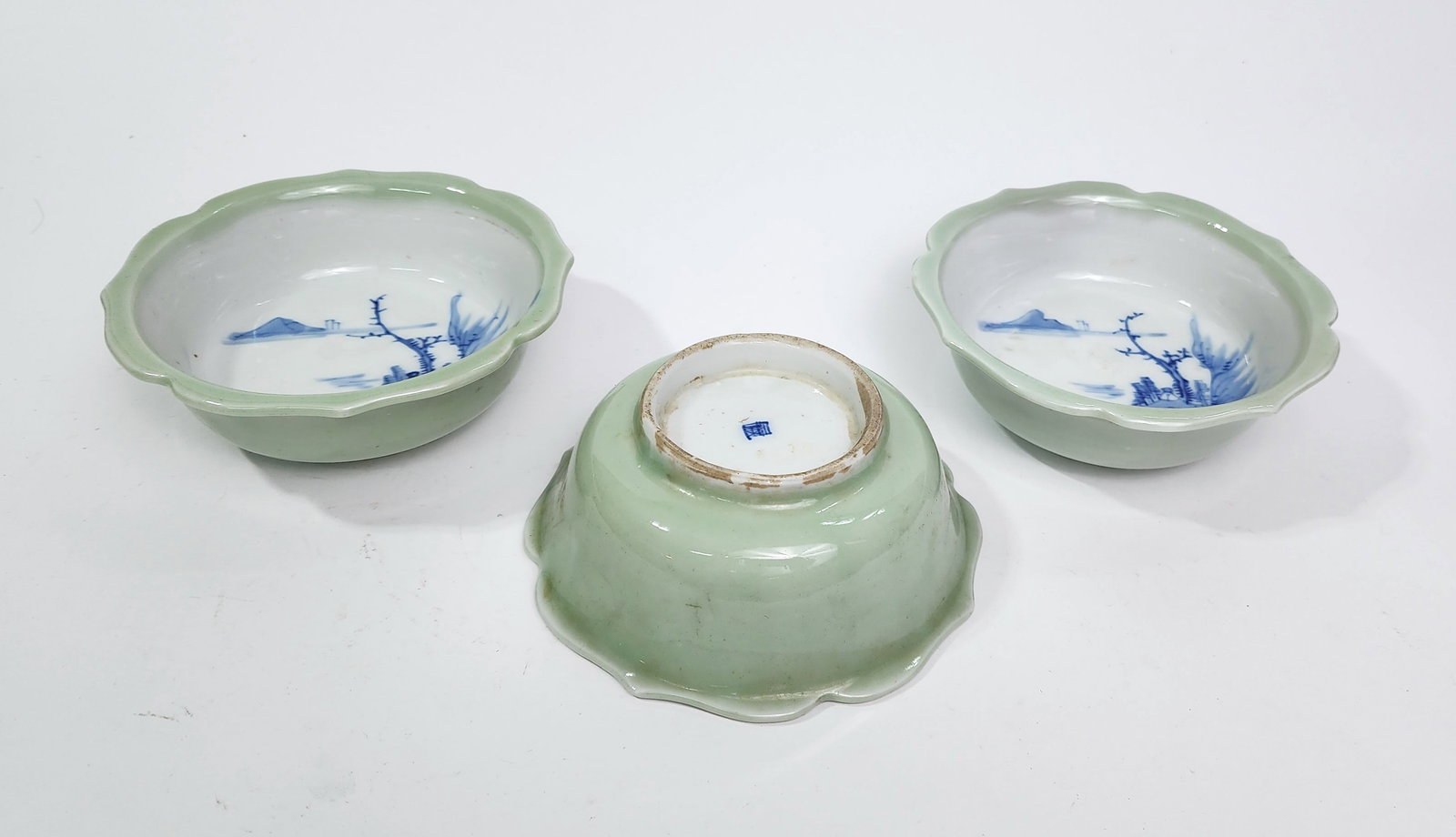 Set of 3 Japanese Blue & White/ Celadon Glazed Bowls: Set of 3 Japanese Blue & White/ Celadon Glazed Bowls, d. 5.5 inches.