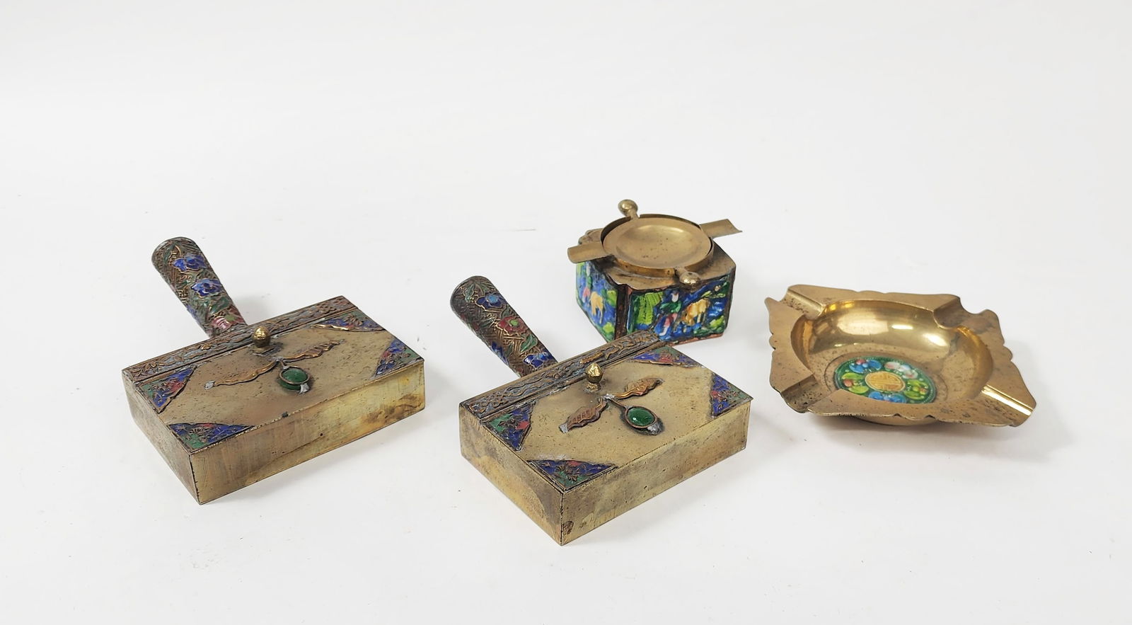 Lot of 4 Chinese Export Enameled Brass Ashtrays (1 of 5)