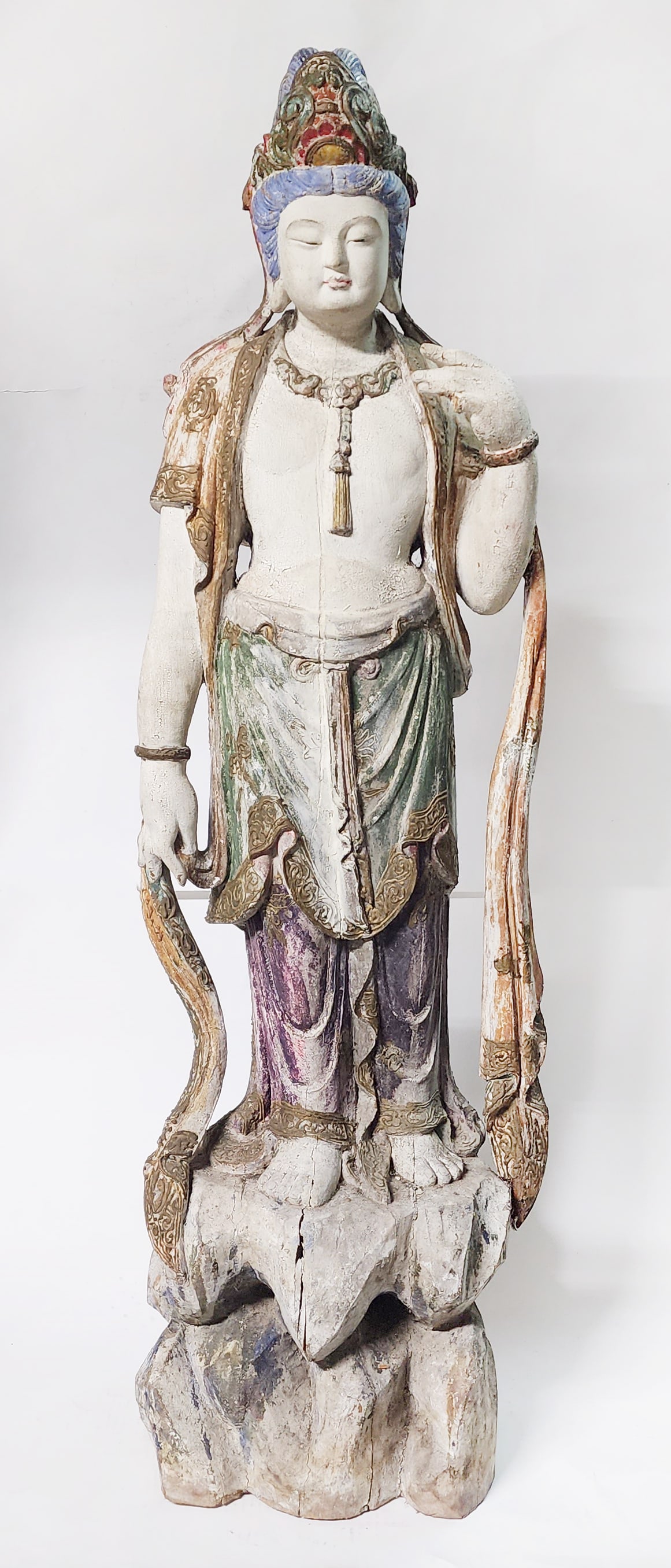 Antique Chinese Carved & Polychrome Painted Large Guanyin Statue (1 of 10)