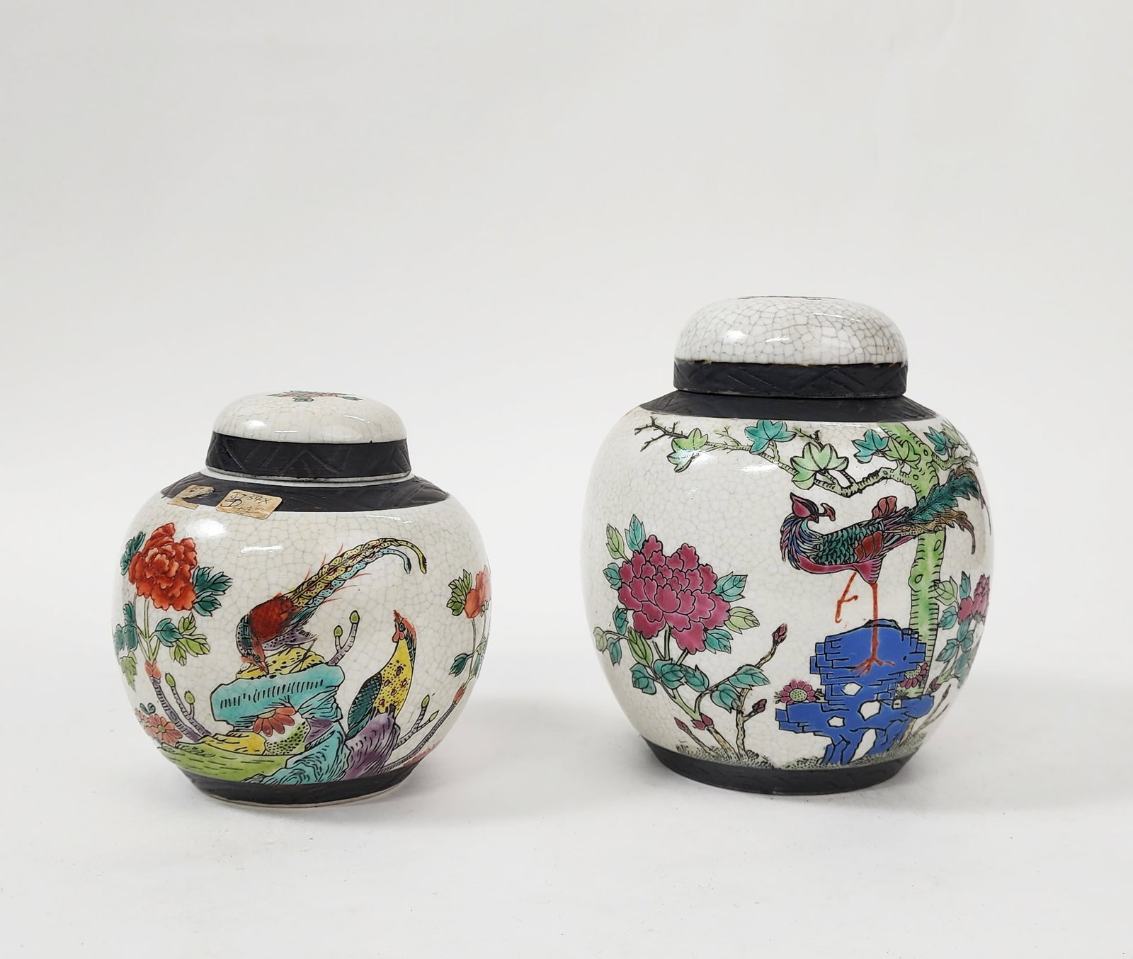 Lot of 2 Chinese Export Famille Rose Crackle Glazed Ginger Jars: Lot of 2 Chinese Export Famille Rose Crackle Glazed Ginger Jars, larger h. 6 inches, ca. 20th century.