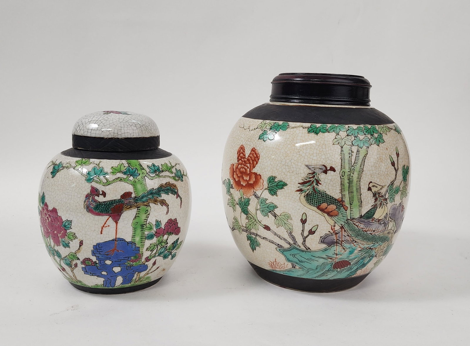 Lot of 2 Chinese Export Famille Rose Crackle Glazed Ginger Jars: Lot of 2 Chinese Export Famille Rose Crackle Glazed Ginger Jars,h. 7.5 inches and 6 in., ca. 20th century.
