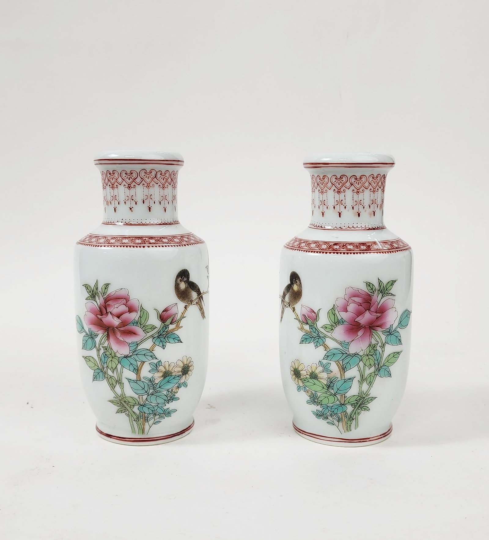 Pair of Chinese Export Jingdezhen Famille Rose Porcelain Vases: Pair of Chinese Export Jingdezhen Famille Rose Porcelain Vases, h. 6.5 inches, ca. early 1970s.