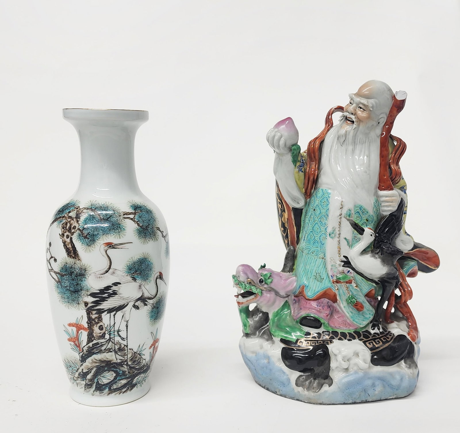 Chinese Famille Rose Porcelain Fo Lu Shou Figure & Jingdezhen Vase: Chinese Famille Rose Porcelain Fo Lu Shou Figure & Jingdezhen Vase, h. 14 & 12.5 inches, ca. 20th century.