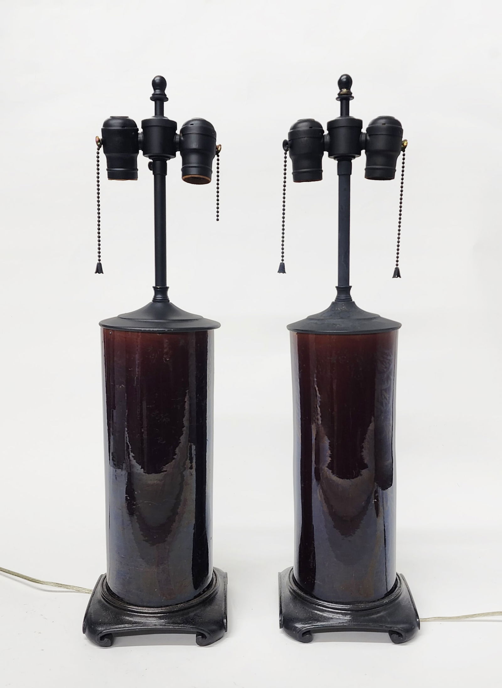 Pair of Antique Chinese Brown Glazed Porcelain Cylindrical Lamps (1 of 10)