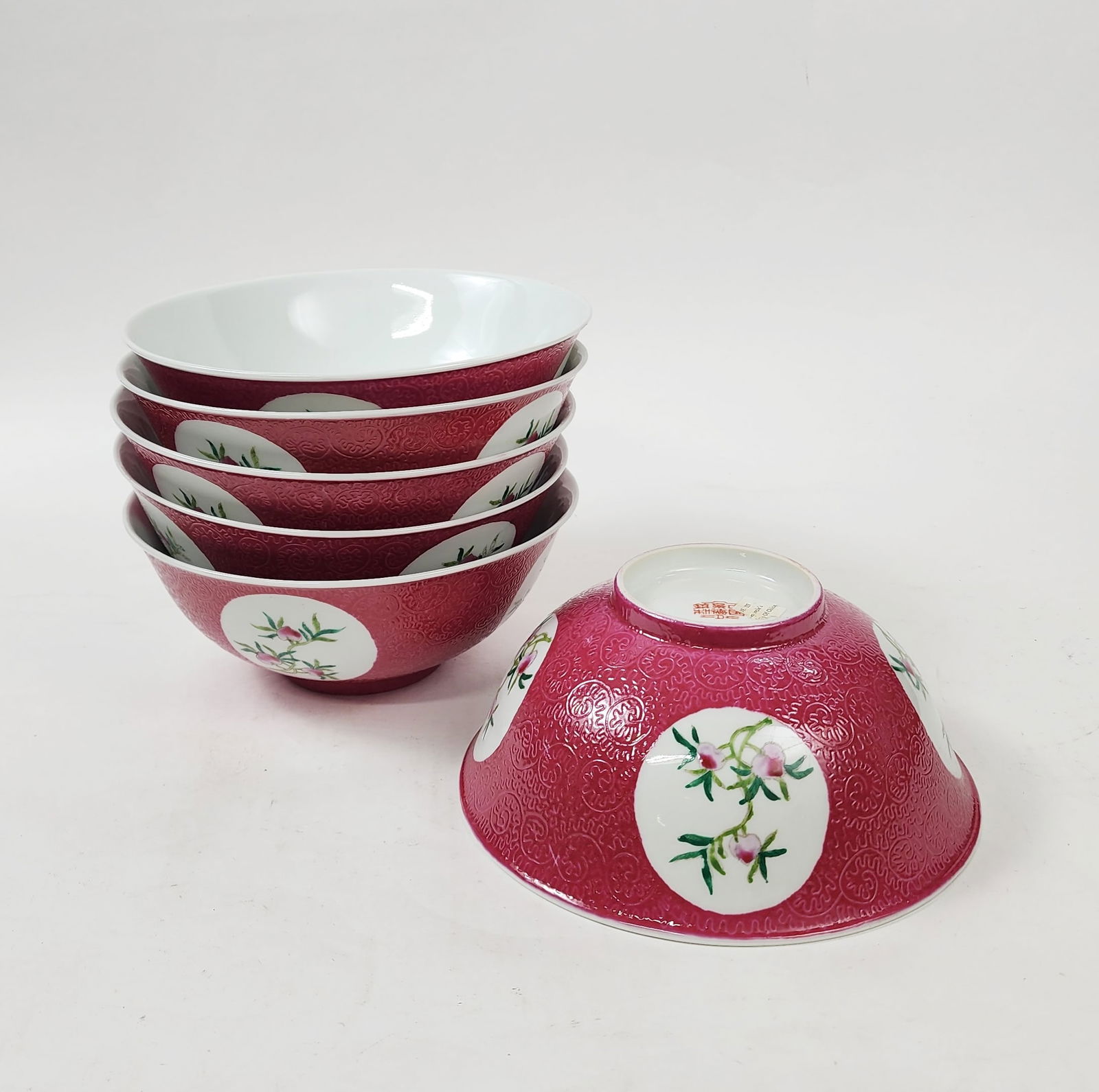 Set of 6 Chinese Jingdezhen D Factory Pink Ground Porcelain Bowls (1 of 4)