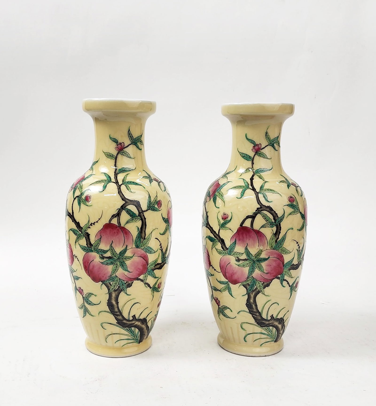 Pair of Chinese Export Jingdezhen Yellow Glazed Peach Pattern Vases (1 of 5)