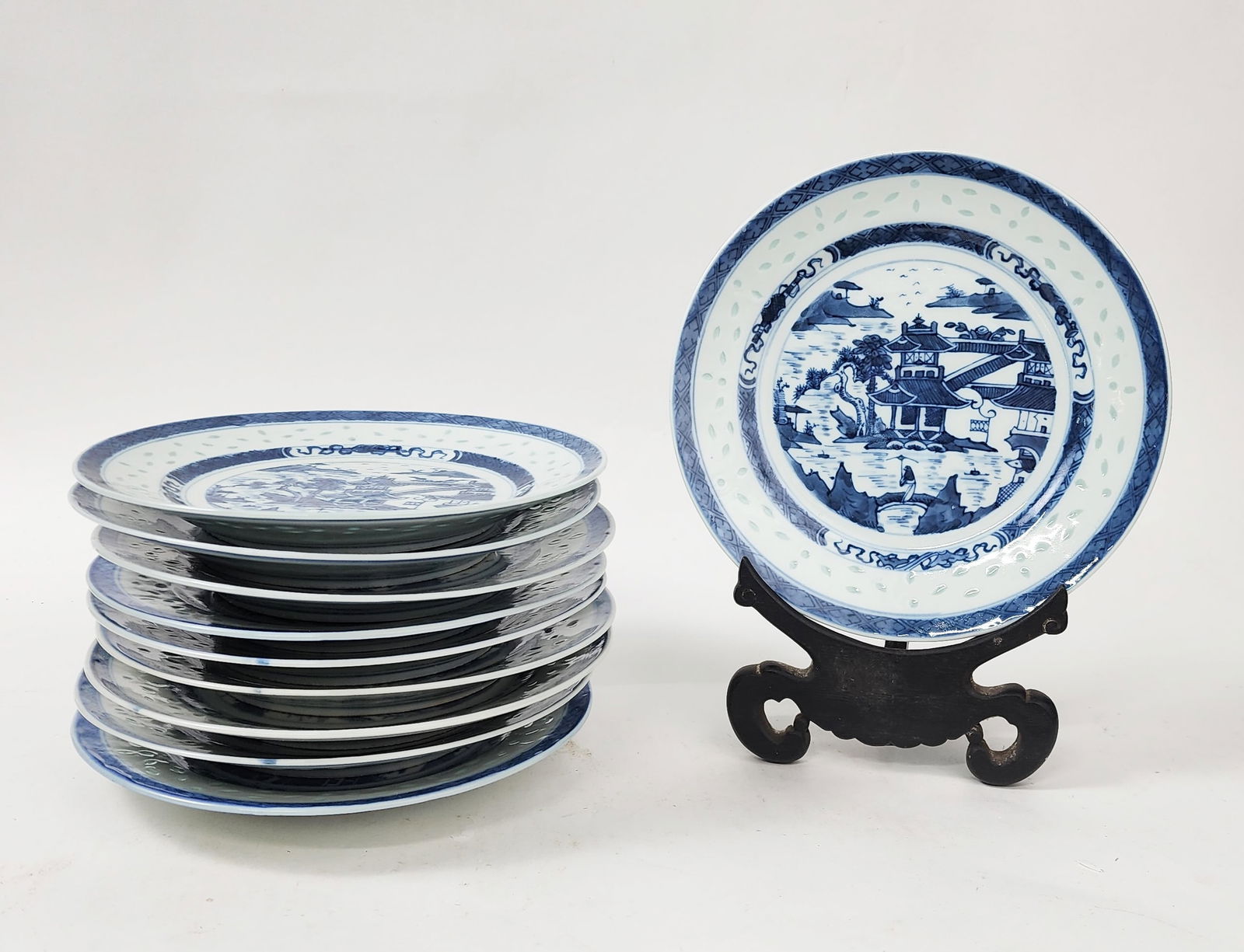 Set of 10 Antique Chinese Export Blue & White Porcelain Soup Bowls (1 of 13)