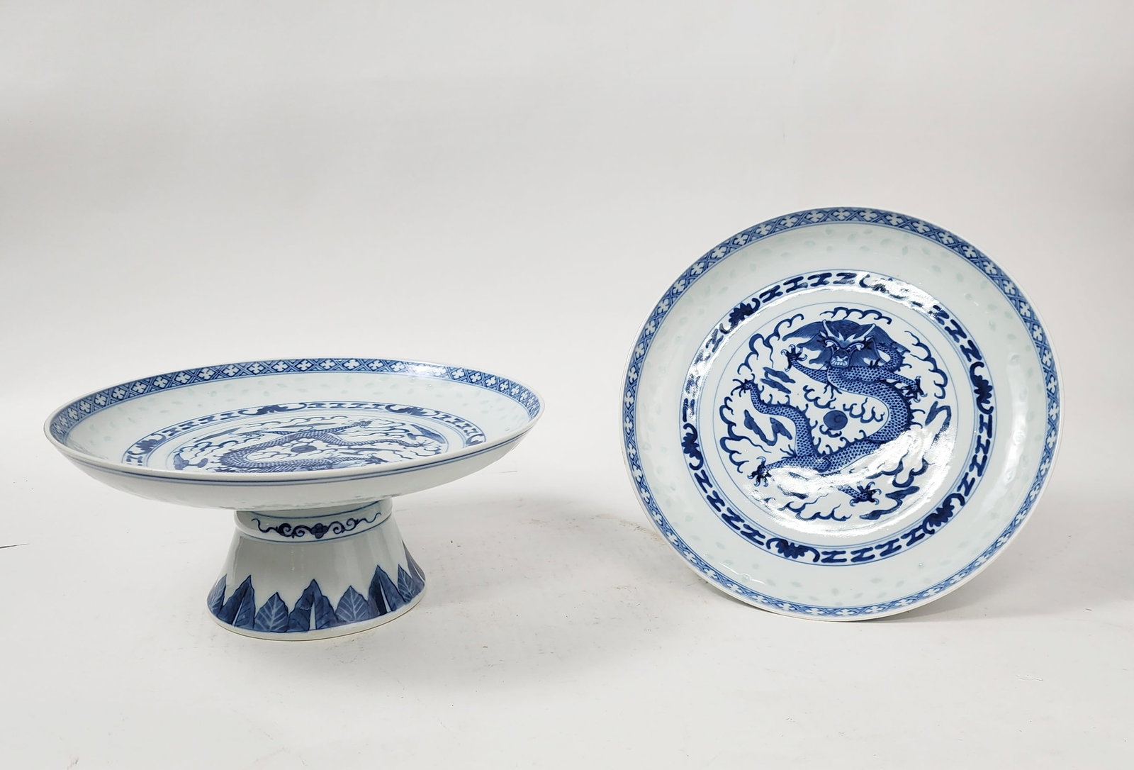 Pair of 2 Chinese Export Rice Grain & Dragon Pattern Pedestal Plates (1 of 8)