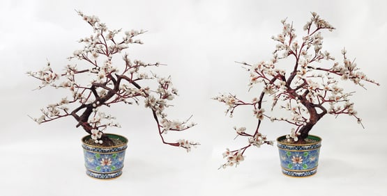 Pair of Chinese Jade White Cherry Blossom Trees with Cloisonne Planters