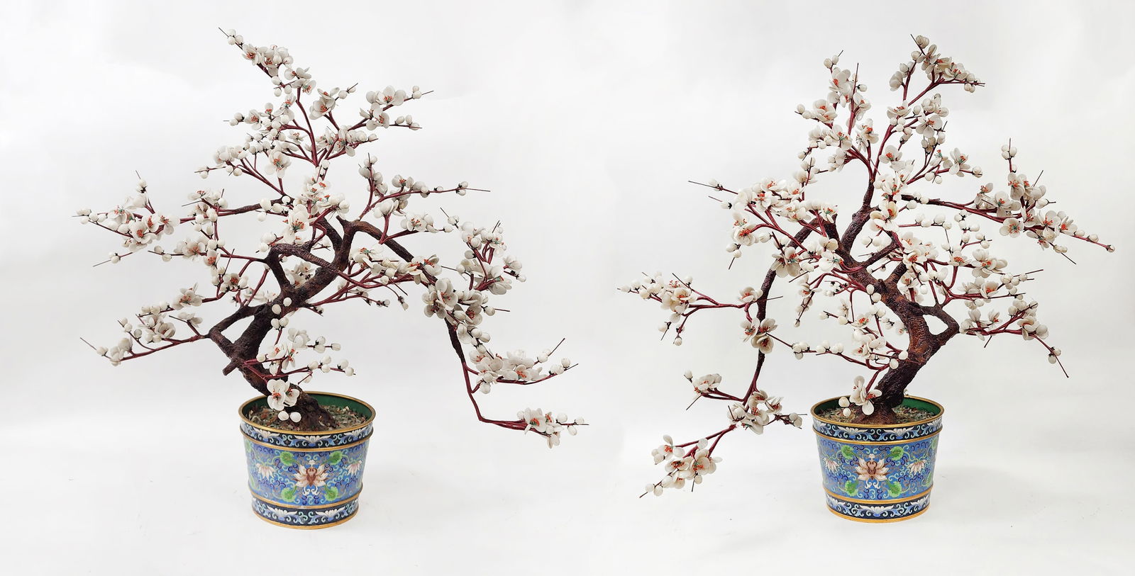 Pair of Chinese Jade White Cherry Blossom Trees with Cloisonne Planters