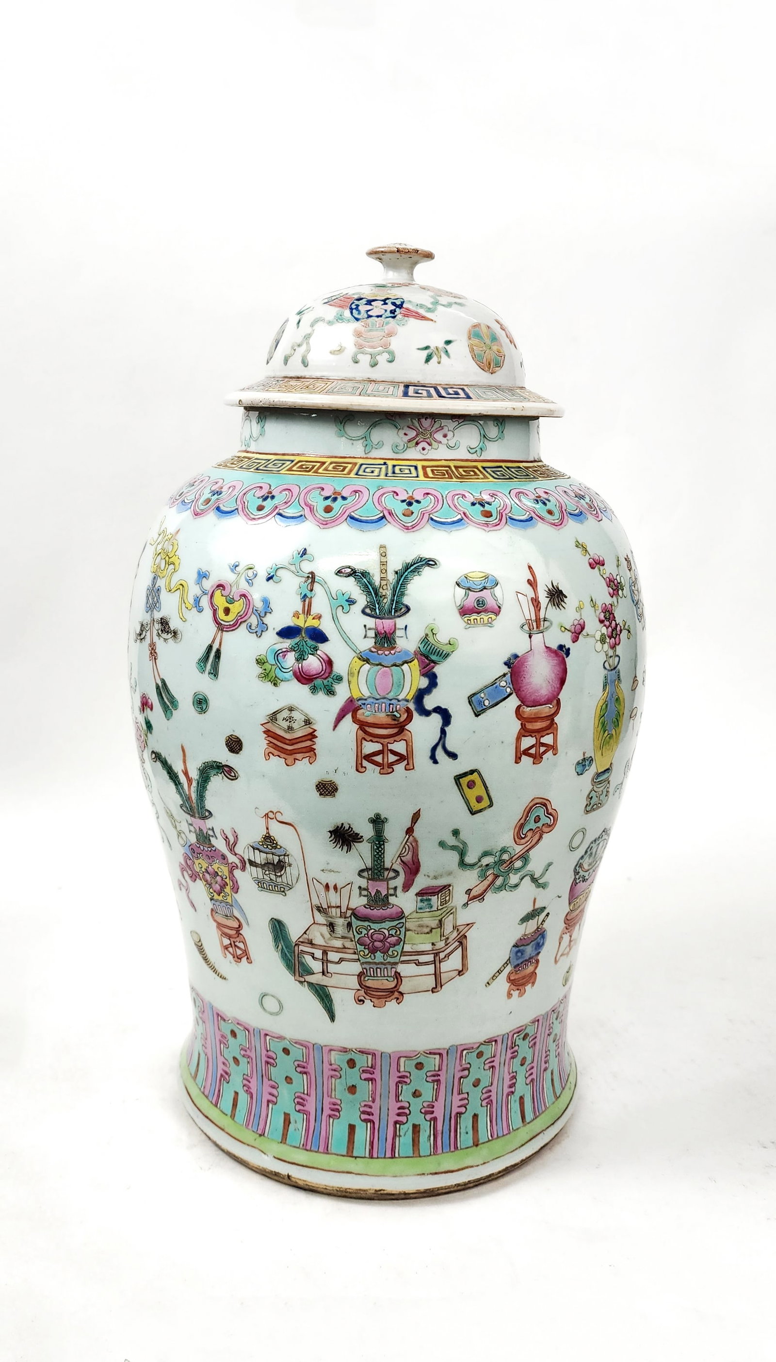 Antique Chinese Famille Rose Porcelain Temple Jar: Antique Chinese Famille Rose Porcelain Temple Jar, h. 17.5 inches, ca. late 19th - early 20th century.