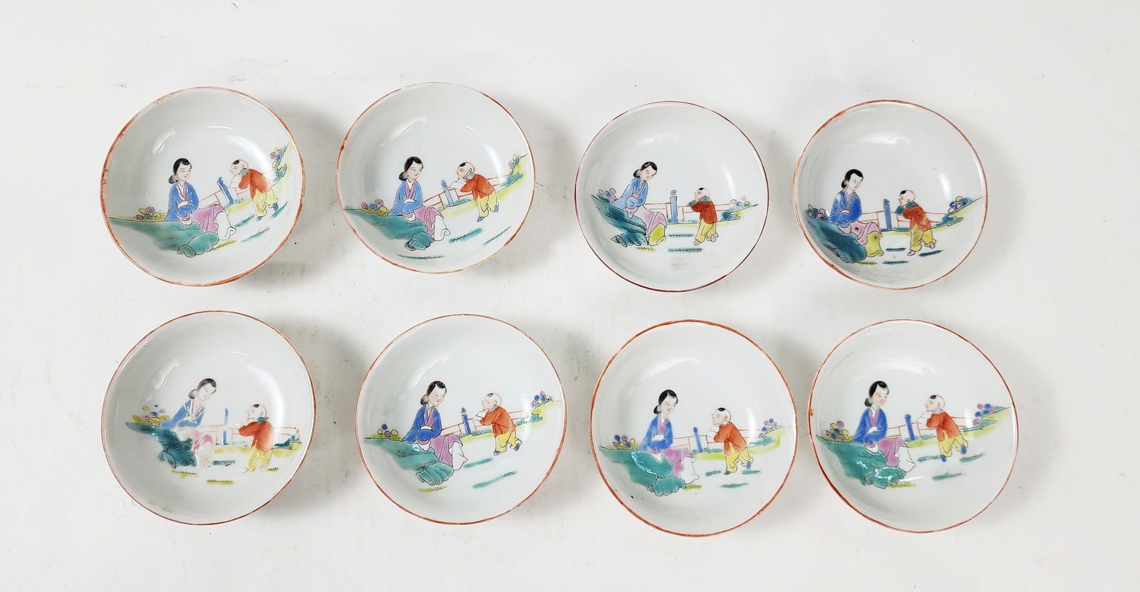 Set of 8 Antique Chinese Famille Rose Porcelain Small Dishes: Set of 8 Antique Chinese Famille Rose Porcelain Small Dishes, d. 3.25 inches, ca. the first half of the 20th century.