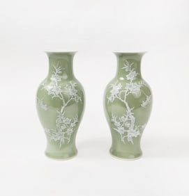 Pair of Chinese Jingdezhen Celadon Glazed & Enameled Porcelain Vases