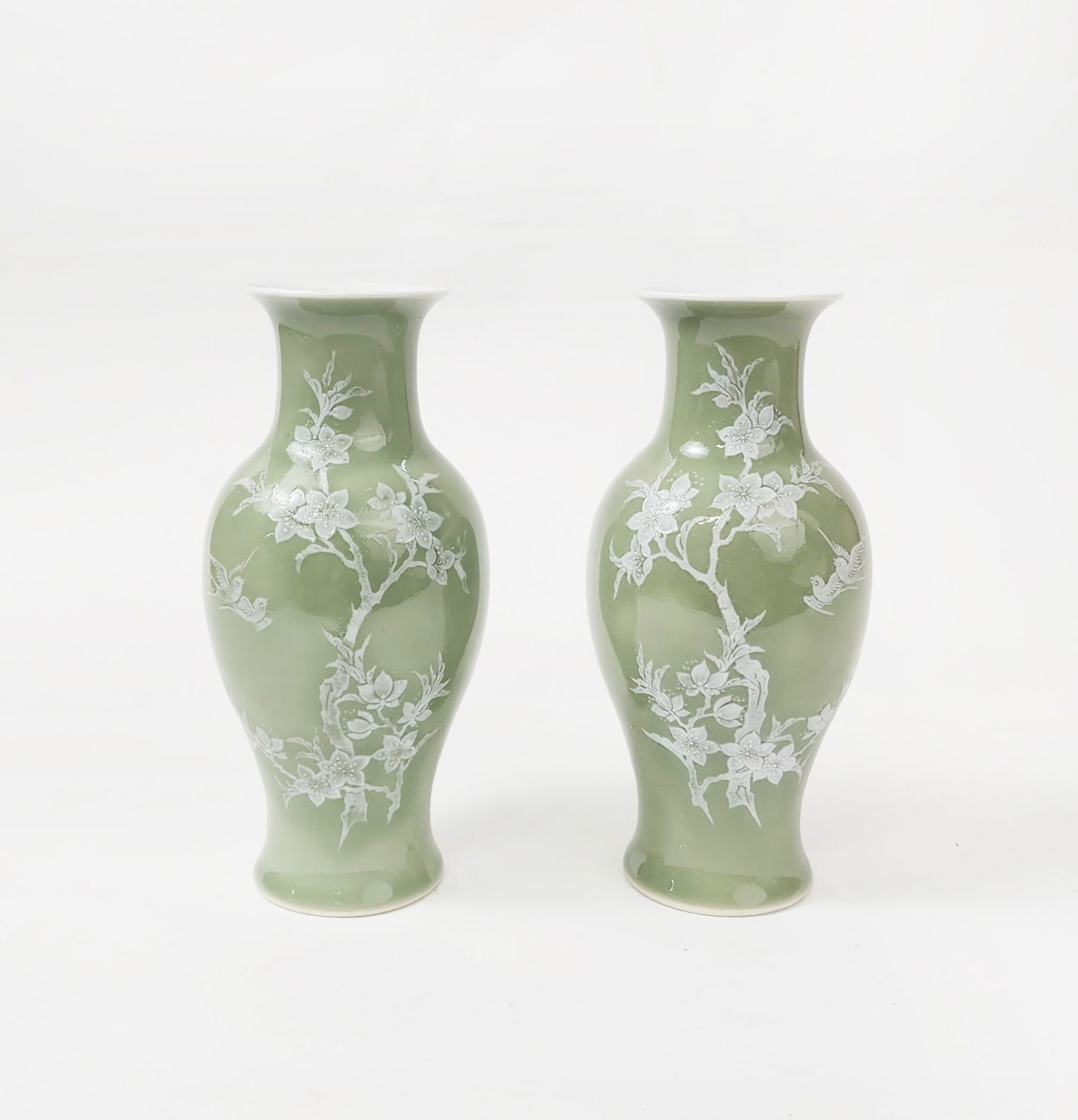 Pair of Chinese Jingdezhen Celadon Glazed & Enameled Porcelain Vases