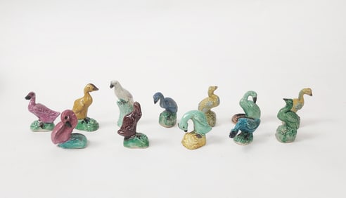Lot of 12 Chinese Polychrome Glazed Porcelain Miniature Birds