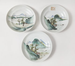 Set of 3 Antique Chinese Porcelain Landscape Plates