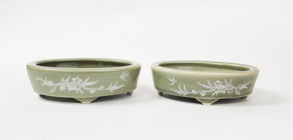 Pair of Chinese Jingdezhen Celadon Glazed & Enameled Bonsai Planters