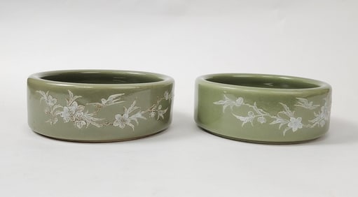Pair of Chinese Jingdezhen Celadon Glazed & Enameled Bonsai Planters
