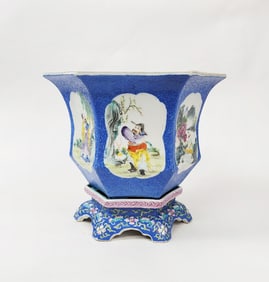 Antique Chinese Famille Rose Blue Ground Porcelain Hexagonal Planter & Stand