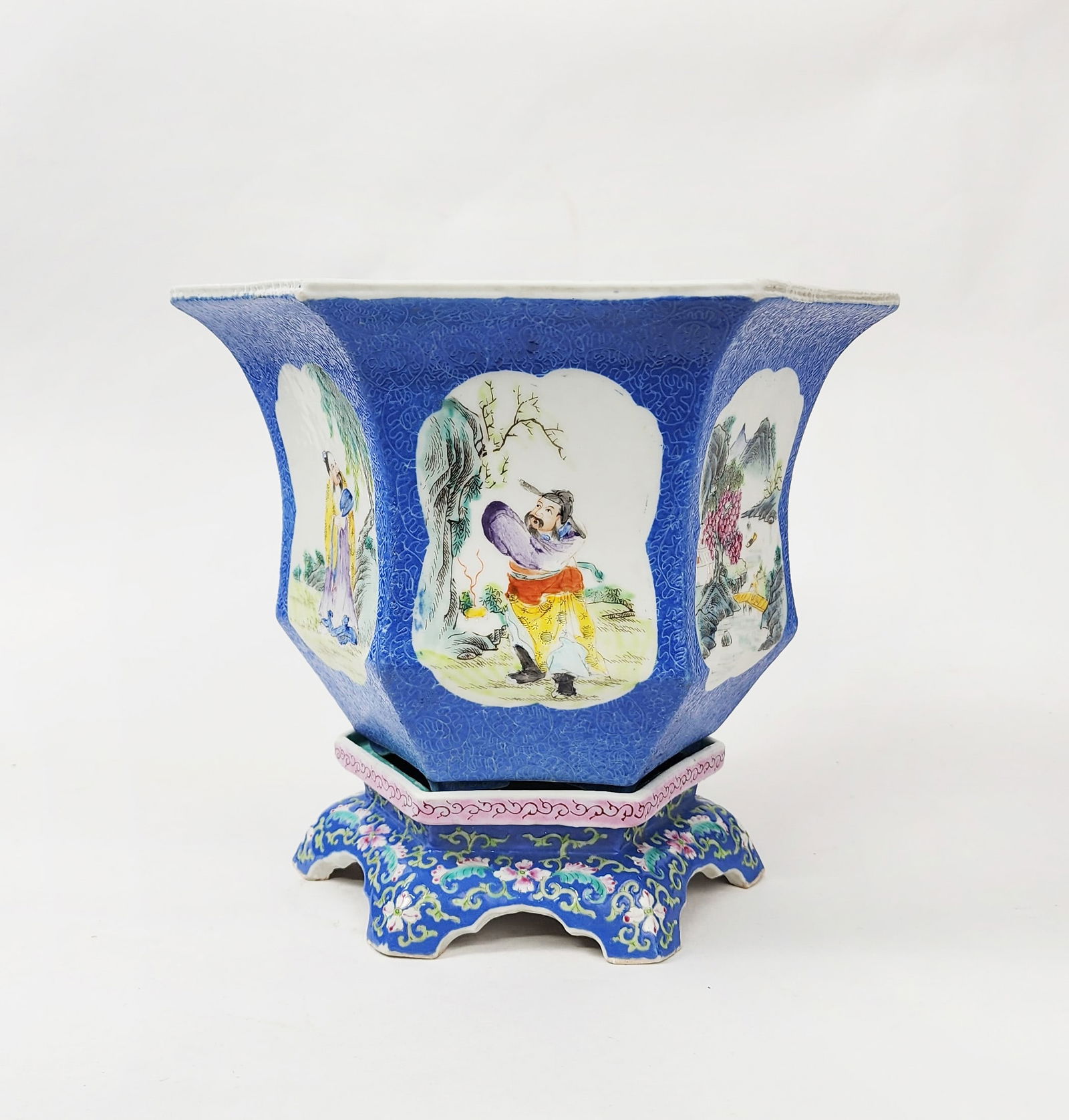 Antique Chinese Famille Rose Blue Ground Porcelain Hexagonal Planter & Stand (1 of 18)