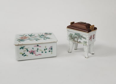 Lot of 2 Antique Chinese Famille Rose Porcelain Containers