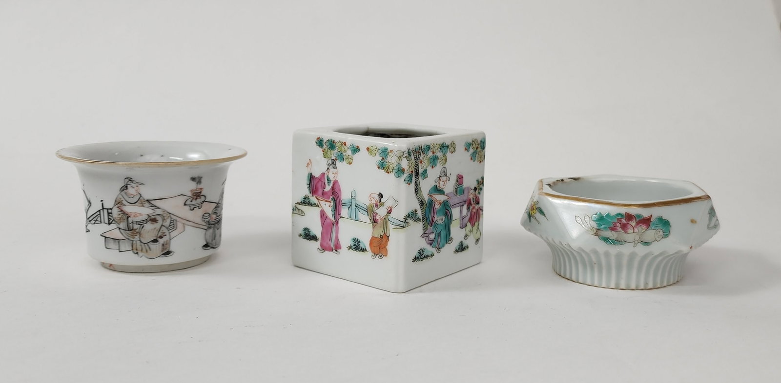 Lot of 3 Antique Chinese Famille Rose Porcelain Dishes: Lot of 3 Antique Chinese Famille Rose Porcelain Dishes, square container h. 2.5 inches, dragon bowl h. 1.75 in., w. 3 in. Ca. late 19th- early 20th century.