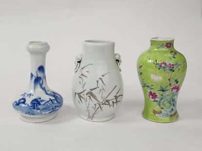 Lot of 3 Antique Chinese Porcelain Small Vases: Lot of 3 Antique Chinese Porcelain Small Vases. Including; blue & white, white calligraphy etched and lime green ground famille rose, ca. late 19th- early 20th century. Largest h. 5 inches.