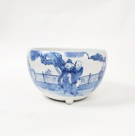 Antique Chinese Blue & White Porcelain Tripod Footed Bowl