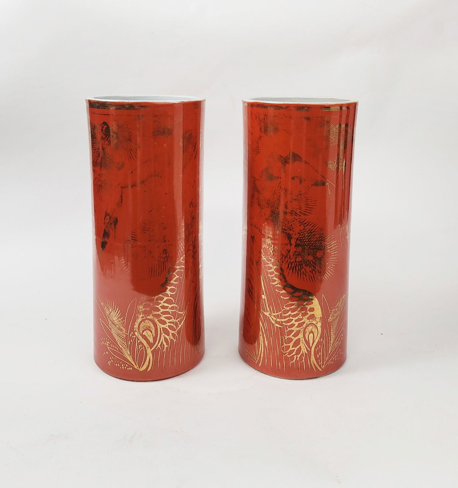 Pair of Chinese Coral Ground & Gold Decorated Porcelain Hat Stands (1 of 7)