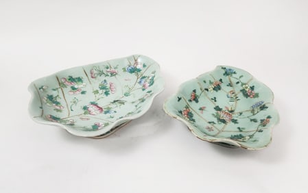 Lot of 2 Antique Chinese Export Famille Rose Celadon Glazed Porcelain Leaf Shaped Dishes