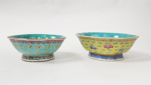Lot of 2 Antique Chinese Enameled Porcelain Footed Bowls